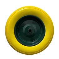 Roata roaba fara camera din poliuretan cu janta metalica 3.50-8, ax subtire 14 mm, galbena/verde