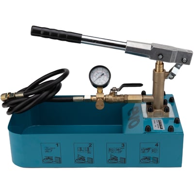 Pompa manuala de testare a presiunii Evotools 659026, 7 l volum cuva, 50 bar presiune maxima, 16 ml cursa capacitate pompare, 1.8 m lungime furtun