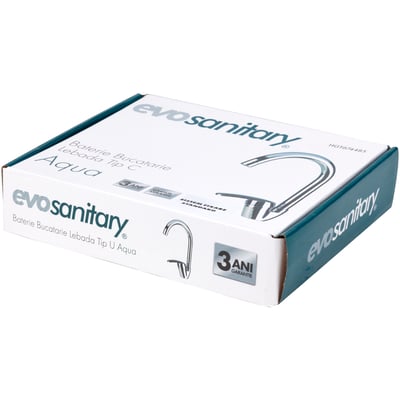 Baterie bucatarie, rotativa, monocomanda, cartus ceramic, cromata, pipa flexibila, racorduri incluse, Evosanitary Aqua