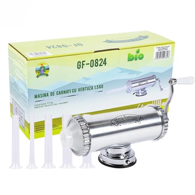 Masina de umplut carnati, 1.5 Kg, 5xPalnii Incluse, orizontal din inox, Micul Fermier GF-0824