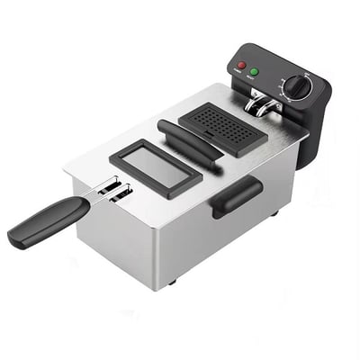 Friteuza profesionala, 2000W, 3 L, Termostat reglabil, cos detasabil, fereastra de vizualizare in capac, otel inoxidabil, gri-argintiu