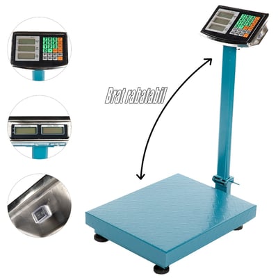 Cantar electronic comercial cu afisaj dublu, 300 Kg, platforma 40x50cm din otel striat, brat rabatabil, cu acumulator si brat rabatabil