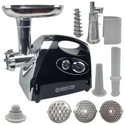 Masina de tocat carne, electrica, Craft-Tec MX976, functie Reverse, 1.6 kg/min, 3500 W, accesoriu carnati si kebbe, accesoriu pentru suc de rosii, negru + argintiu 