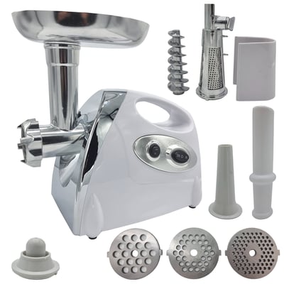 Masina de tocat carne, Ypan, 3000 W, accesorii rosii, carnati, chiftele, 3 site, functia revers, motor cupru, Alb