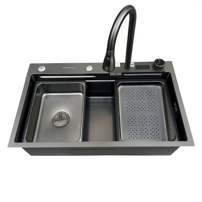 Set chiuveta multifunctionala HAUSBERG HBC-9950NG din otel inoxidabil, baterie dubla, cuva perforata fructe/legume, cuva universala cu dop scurgere, tocator, 750x460x220 mm, accesorii incluse, Negru