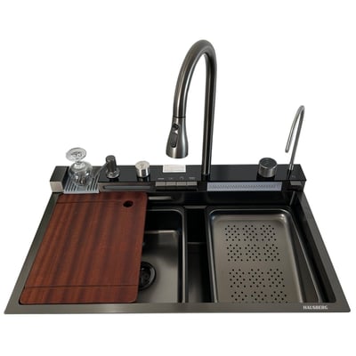 Set chiuveta multifunctionala HAUSBERG HBC-9955NG din otel inoxidabil, baterie dubla, cuva perforata fructe/legume, cuva universala cu dop scurgere, tocator, 750x460x220 mm, accesorii incluse, Negru