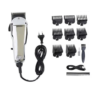 Masina de tuns profesionala cu fir, lama inox, acumulator 1200mah, 8 gratare premium, gri crom