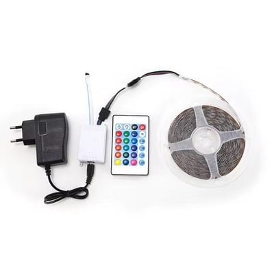 Banda led 5 metri, 12v cu adaptor, lumina RGB, telecomanda, adeziva