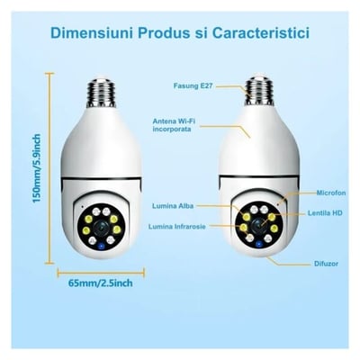 Camera De Supraveghere 360°, Tip Bec, Soclu E27, Wifi, Senzor de Miscare, Alarma, Vedere Nocturna