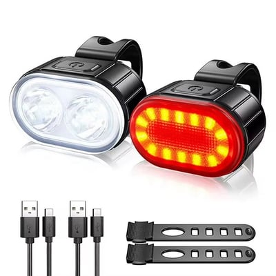 Set lumini pentru bicicleta far, 6 moduri de iluminare, 200lm, lumina stop spate LED, Impermeabil IPX4, Incarcare USB, acumulator incorporat 800 mAh, 2 Leduri, accesorii bicicleta