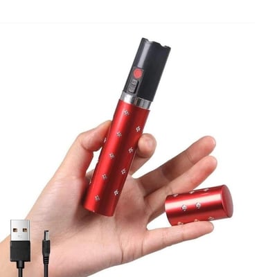 Dispozitiv cu electrosoc profesional pentru autoaparare tip ruj, anti caini, animale sau pasari, cu lanterna, descarcare electrosocuri 5000K volti, reincarcabil USB, rosu