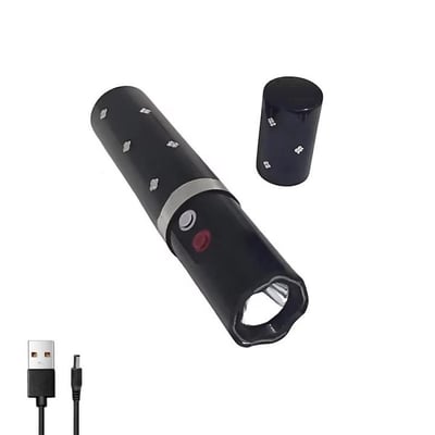 Dispozitiv cu electrosoc profesional pentru autoaparare tip ruj, anti caini, animale sau pasari, cu lanterna, descarcare electrosocuri 5000K volti, reincarcabil USB, negru