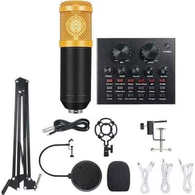 Set Microfon Profesional plus Mixer pentru inregistrare muzica, audiobook-uri sau podcasturi, Negru