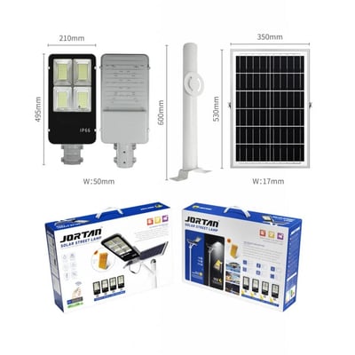 Lampa solara stradala cu panou solar si telecomanda, 300 W, Jortan JT-A73JR-2411-13, suport metalic, rezistent la apa