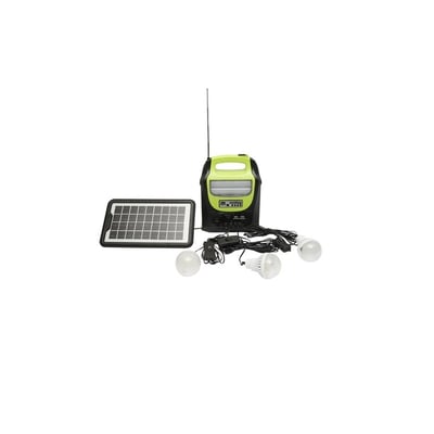 Kit iluminat portabil LED cu 3 becuri/proiector, radio FM panou solar si baterie 6V, 4.5Ah pentru pescuit camping GD-8071