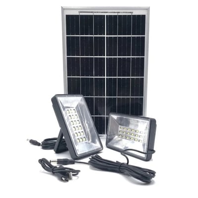 Panou solar 10W cu acumulator 9600mAh, portabil, cu 2 proiectoare de 9w, tensiune intrare 5V, functie baterie externa, negru
