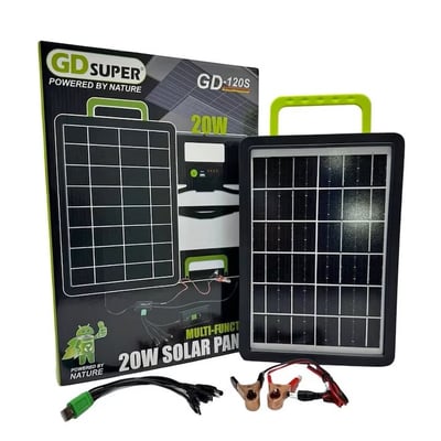 Panou solar 20W cu acumulator 2400mAh, GD-120S, portabil, ABS, cu cabluri de incarcare device-uri, 37x38 cm, negru