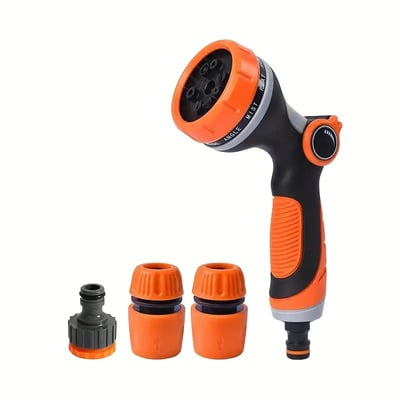 Set pistol pentru stropit, cu 8 functii, reglabil, 5 piese, ergonomic, pentru udat/stropit, plastic, Negru/Portocaliu