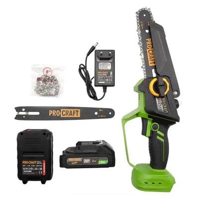 Mini drujba cu acumulator PROCRAFT PKA46, 20 V, 2 Ah, 2 acumulatori, cu doua lame 6'' si 8'', doua lanturi