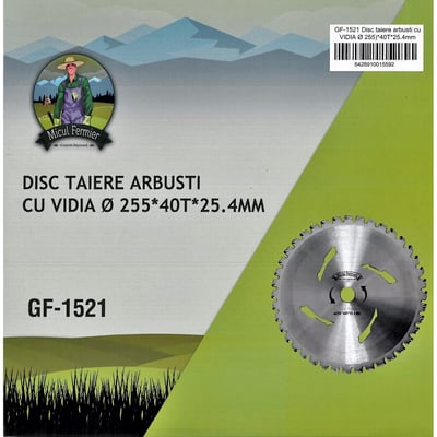 Disc circular motocoasa taiere arbusti cu 40 dinti vidia intariti cu vidia, 255x25.4 mm, Micul Fermier GF-1521