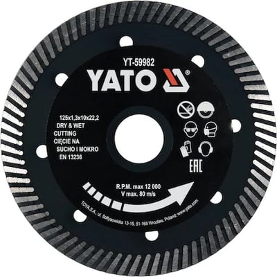 Disc diamantat de taiere continuu, 125x22.2x1.3 mm, taiere umeda si uscata, Yato YT-59982
