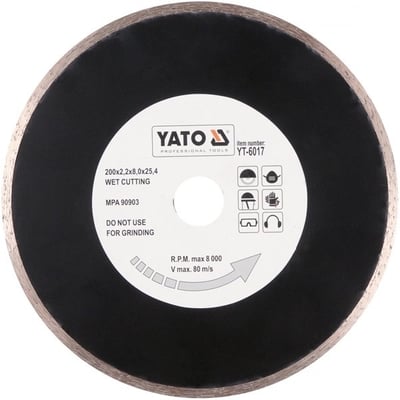 Disc diamantat de taiere continuu, 200x25.4x2.2 mm, taiere umeda, Yato YT-6017