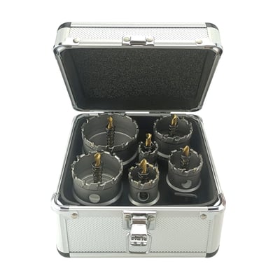 Set 6 carote cu vidia pentru metal cu burghiu din titan 22-65 mm, cutie metal