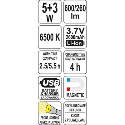 Lampa magnetica cu acumulator 5W + 3W, COB led, reincarcabila, USB, 600/260lm. Yato YT-08518