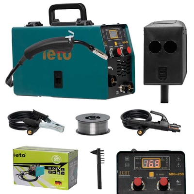 Aparat de sudura tip invertor, Ieto MIG-250, sudura MIG-MMA-TIG 3 in 1 cu Afisaj LED, electrod, sarma flux 0.8mm inclusa