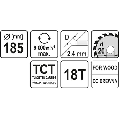 Disc cu Vidia pentru Lemn Diametru 185mm, Interior 20mm, 18 Dinti, YATO YT-6063