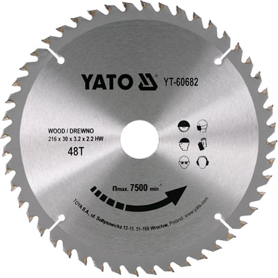 Disc cu Vidia pentru Lemn Diametru 216mm, Interior 30mm, 48 Dinti, Yato YT-60682