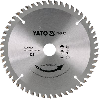 Disc cu Vidia pentru Aluminiu Diametru 160mm, Interior 20mm, 52 Dinti, YATO YT-60905