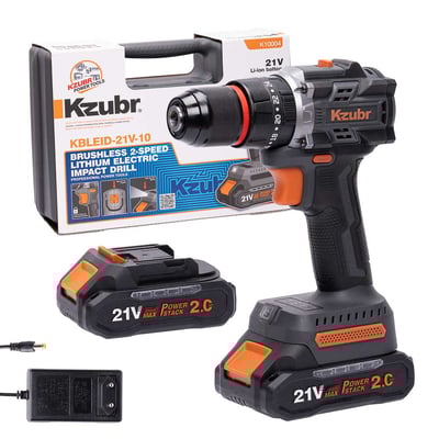 Masina de gaurit / insurubat, cu percutie, KZUBR KBLEID-21V-10, cu 2 acumulatori, 21 V, 2 Ah, Li-Ion, 1400 Rot/min, 18+1, 60 Nm, Brushless