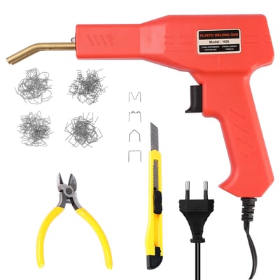 Kit pistol pentru lipit/sudat plastic, 4 tipuri de capse, cutie de transport, kit pentru repararea fisurilor din plastic, polipropilena, 200 capse de intarire, putere 50W