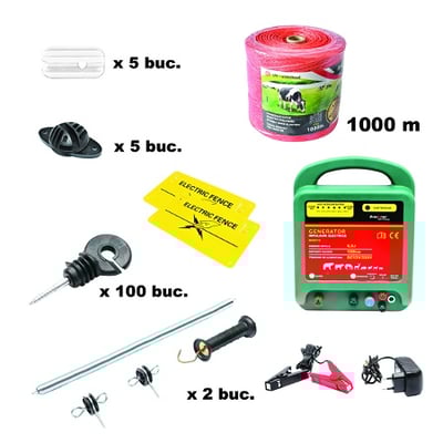 Kit complet gard electric 12/220V, 6.5 Joule, lungime fir 2x500m, 100 izolatori, maner, poarta si 2 placute avertizare Breckner Germany
