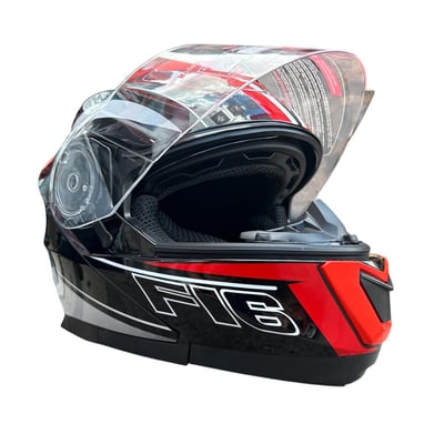 Casca moto flip up cu ochelari de soare, Model Negru / Rosu / Alb, marimea L (59-60)