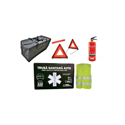 Kit siguranta auto, omologat RAR, 1 trusa medicala, 1 stingator, 2 triunghiuri, 1 vesta reflectorizanta, 1 geanta transport