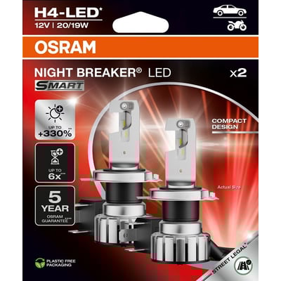 Set 2 becuri H4 led night breaker smart osram, omologate rar, 6000K, alb-rece, + 330%, 20/19W, 12v