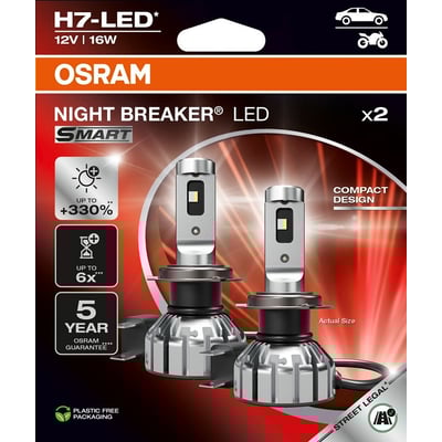 Set 2 becuri H7 led night breaker smart osram, omologate rar, 6000k, alb-rece, + 330%, 16W, 12v