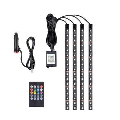 Kit Iluminare Ambientala Auto LED RGB, 18 LED-URI, Interior, 4 benzi, Senzor Muzica, Multicolor, 12V, Cu Telecomanda
