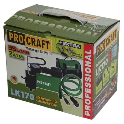 Compresor aer, auto, Procraft LK170, 7 bar, 12 V, 170 W, buton On/Off, manometru analog, debit aer 35 l/min, adaptoare incluse