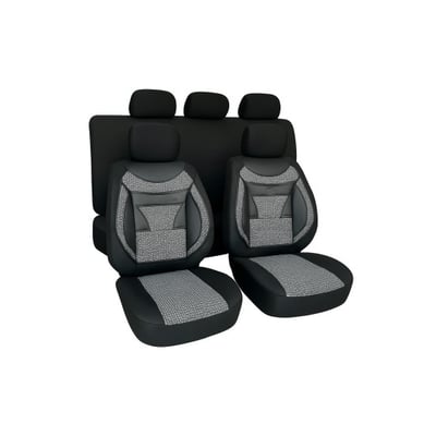 Set huse scaune auto, universale, 11 piese, fata-spate, textil cu imitatie piele, gri|alb
