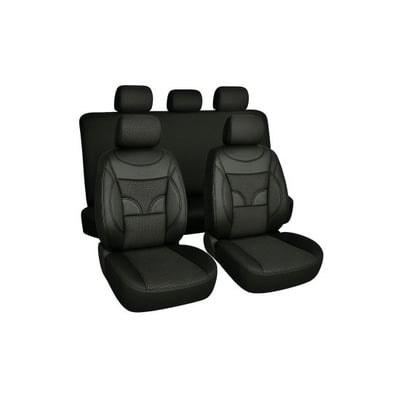 Set huse scaune auto, universale, 11 piese, fata-spate, textil cu imitatie piele, NEGRU