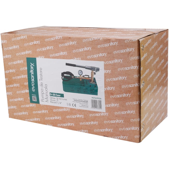 Pompa manuala de testare a presiunii Evotools 659026, 7 l volum cuva, 50 bar presiune maxima, 16 ml cursa capacitate pompare, 1.8 m lungime furtun