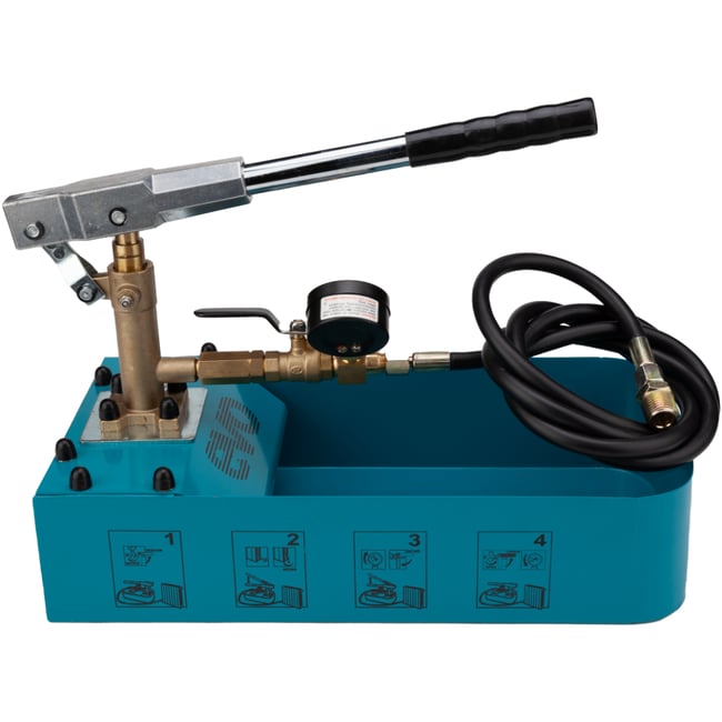 Pompa manuala de testare a presiunii Evotools 659026, 7 l volum cuva, 50 bar presiune maxima, 16 ml cursa capacitate pompare, 1.8 m lungime furtun