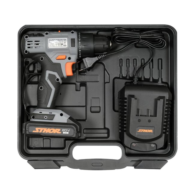 Masina de gaurit si insurubat cu percutie cu 1 acumulator, Sthor 78081, Li-Ion, 20 V, 2 Ah, 26 Nm, led iluminare, valiza plastic