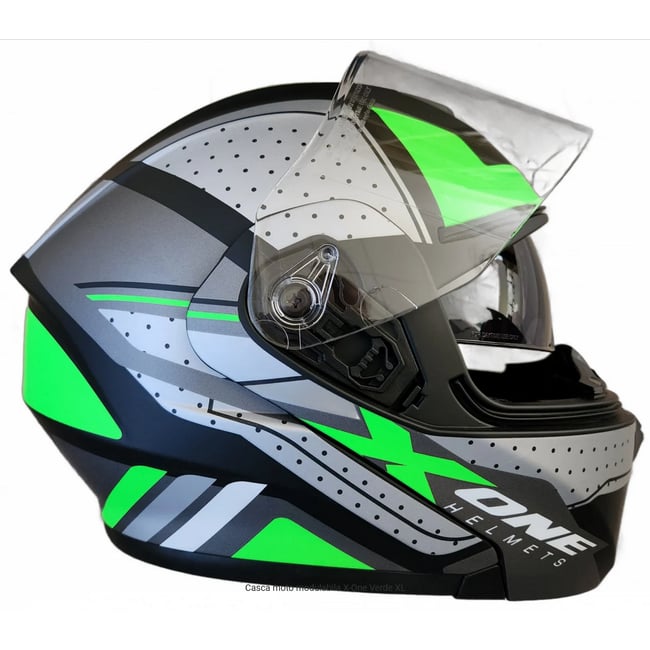 Casca moto flip up X-One cu ochelari de soare, negru / verde