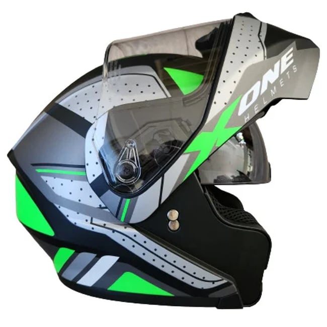 Casca moto flip up X-One cu ochelari de soare, negru / verde