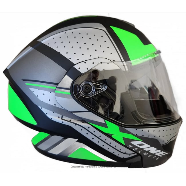 Casca moto flip up X-One cu ochelari de soare, negru / verde