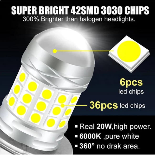 Becuri Auto LED H4 cu Două Faze Cu Lupă - 42 SMD 6000K - 10000LM - Putere 120W